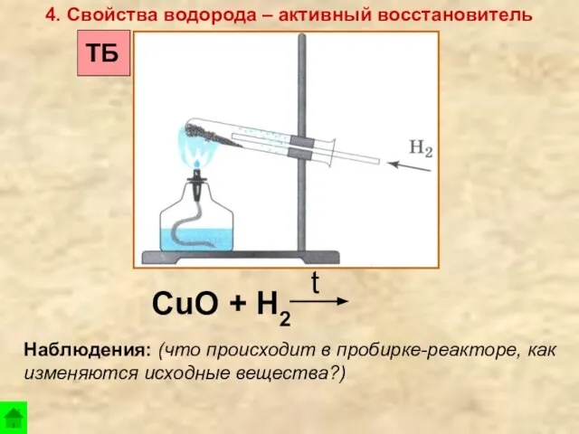 CuO + Н2 t 4. Свойства водорода – активный восстановитель Наблюдения: