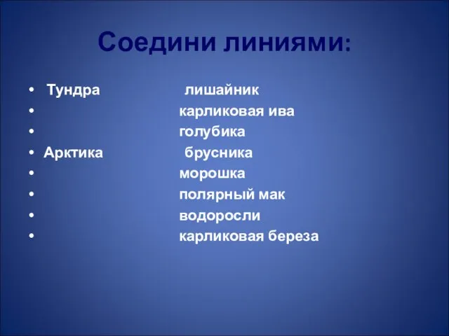 Соедини линиями: Тундра лишайник карликовая ива голубика Арктика брусника морошка полярный мак водоросли карликовая береза