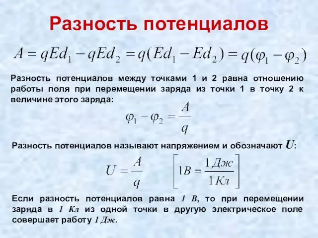 Разность потенциалов Разность потенциалов между точками 1 и 2 равна отношению