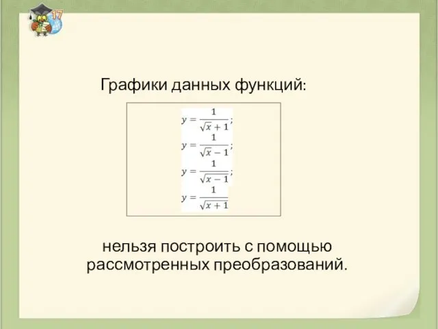 Графики данных функций: нельзя построить с помощью рассмотренных преобразований.