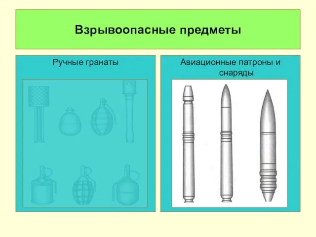 Взрывоопасные предметы Ручные гранаты Авиационные патроны и снаряды