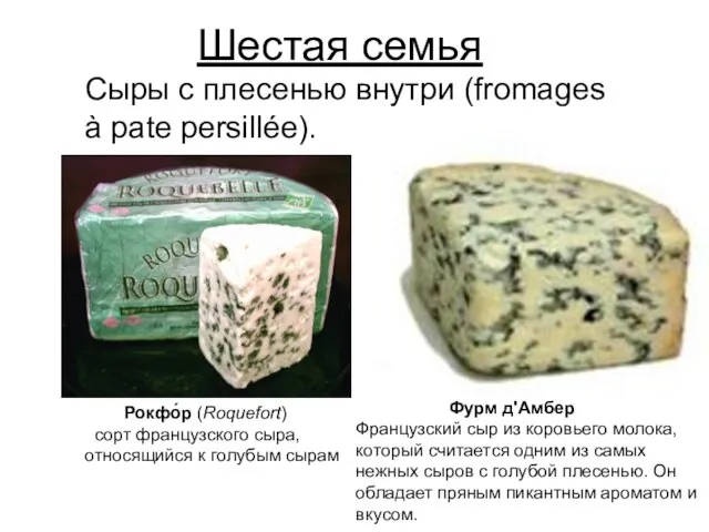 Шестая семья Сыры с плесенью внутри (fromages à pate persillée). Рокфо́р