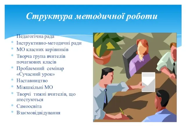 Структура методичної роботи Педагогічна рада Інструктивно-методичні ради МО класних керівників Творча