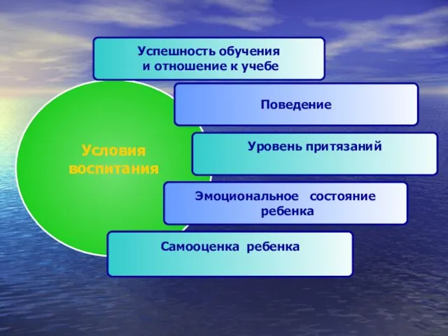 Условия воспитания Успешность обучения и отношение к учебе Поведение Уровень притязаний Эмоциональное состояние ребенка Самооценка ребенка