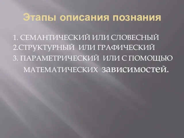 Этапы описания познания 1. СЕМАНТИЧЕСКИЙ ИЛИ СЛОВЕСНЫЙ 2.СТРУКТУРНЫЙ ИЛИ ГРАФИЧЕСКИЙ 3.