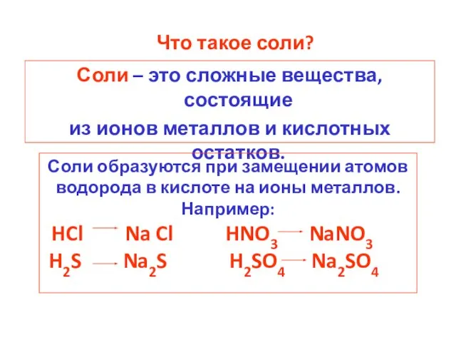 Что такое соли? Соли – это сложные вещества, состоящие из ионов