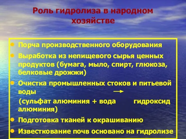 Роль гидролиза в народном хозяйстве Порча производственного оборудования Выработка из непищевого