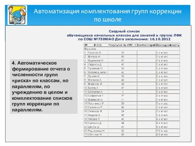 Автоматизация комплектования групп коррекции по школе 4. Автоматическое формирование отчета о