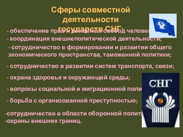 Сферы совместной деятельности государств СНГ: - обеспечение прав и основных свобод