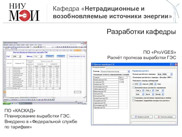 Кафедра «Нетрадиционные и возобновляемые источники энергии» Разработки кафедры ПО «КАСКАД» Планирование