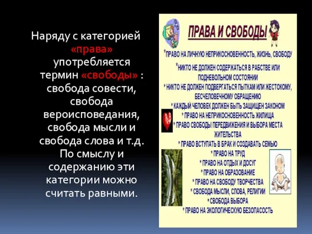 Наряду с категорией «права» употребляется термин «свободы» : свобода совести, свобода