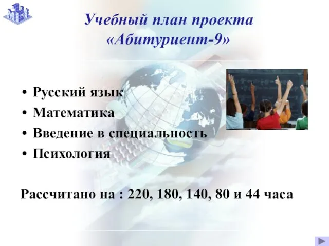 Учебный план проекта «Абитуриент-9» Русский язык Математика Введение в специальность Психология