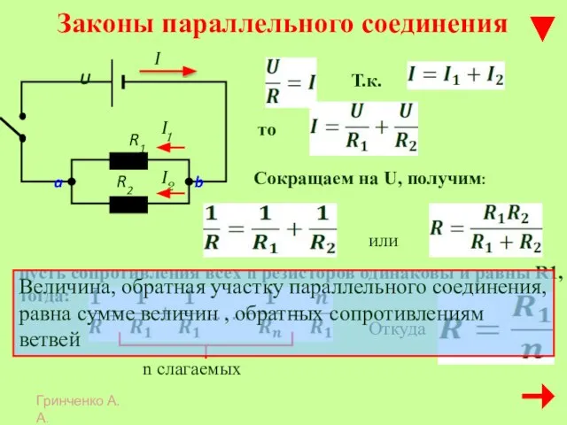 Законы параллельного соединения Т.к. то Сокращаем на U, получим: пусть сопротивления