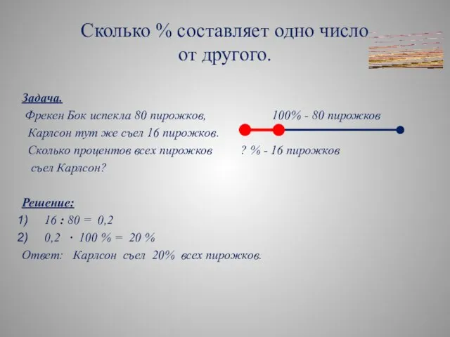 Сколько % составляет одно число от другого. Задача. Фрекен Бок испекла