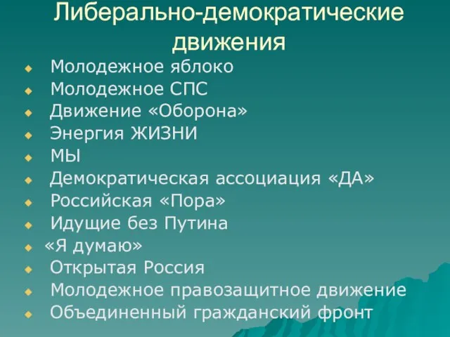 Либерально-демократические движения Молодежное яблоко Молодежное СПС Движение «Оборона» Энергия ЖИЗНИ МЫ