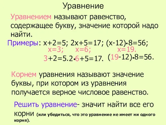 Уравнение Уравнением называют равенство, содержащее букву, значение которой надо найти. Корнем