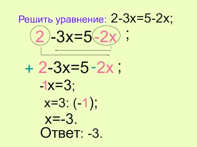 Решить уравнение: 2-3x=5-2x; -3x=5 ; 2 2 -2x -3x=5 ; 2