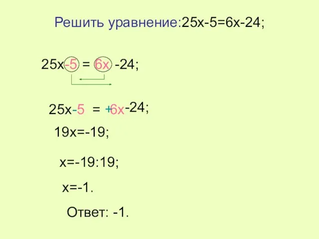 Решить уравнение:25x-5=6x-24; 25x -5 = 6x -24; -5 6x 25x -5