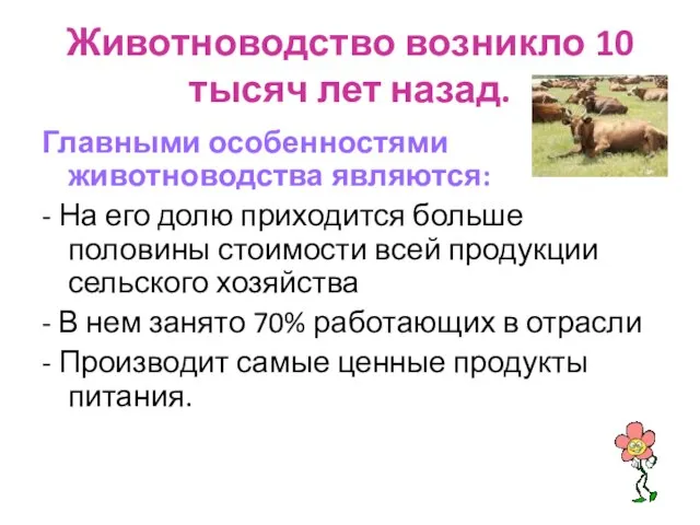 Животноводство возникло 10 тысяч лет назад. Главными особенностями животноводства являются: -