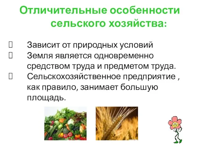 Отличительные особенности сельского хозяйства: Зависит от природных условий Земля является одновременно