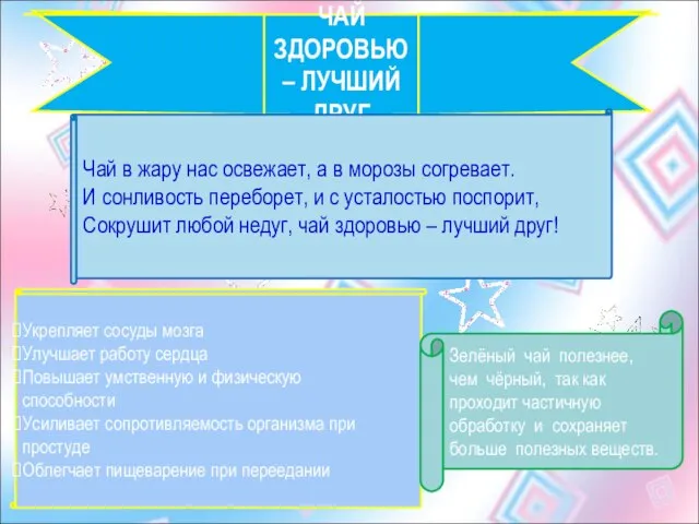 ЧАЙ ЗДОРОВЬЮ – ЛУЧШИЙ ДРУГ Укрепляет сосуды мозга Улучшает работу сердца