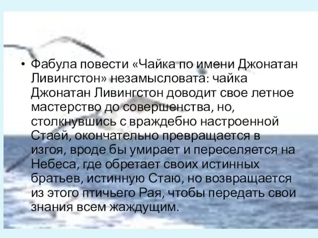 Фабула повести «Чайка по имени Джонатан Ливингстон» незамысловата: чайка Джонатан Ливингстон