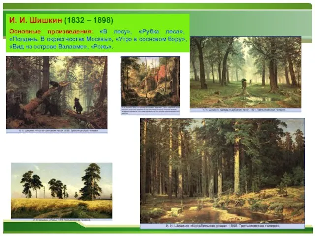 И. И. Шишкин (1832 – 1898) Основные произведения: «В лесу», «Рубка