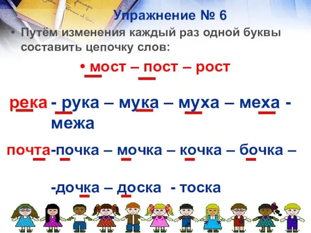 Упражнение № 6 Путём изменения каждый раз одной буквы составить цепочку