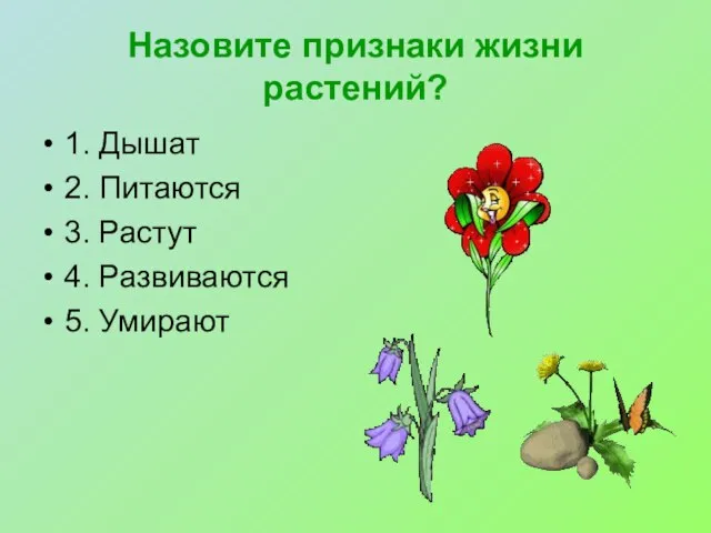 Назовите признаки жизни растений? 1. Дышат 2. Питаются 3. Растут 4. Развиваются 5. Умирают