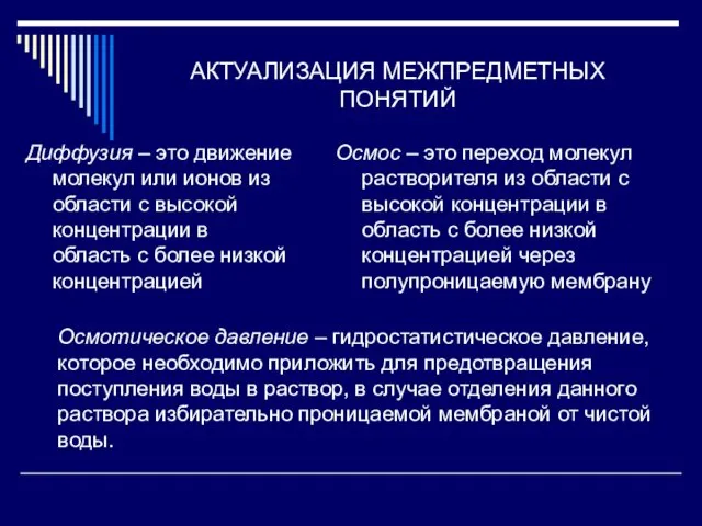 АКТУАЛИЗАЦИЯ МЕЖПРЕДМЕТНЫХ ПОНЯТИЙ Диффузия – это движение молекул или ионов из