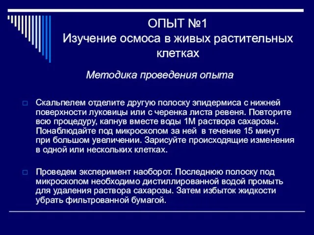 ОПЫТ №1 Изучение осмоса в живых растительных клетках Методика проведения опыта