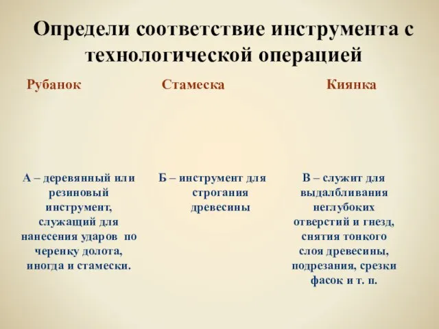 Определи соответствие инструмента с технологической операцией Рубанок Б – инструмент для