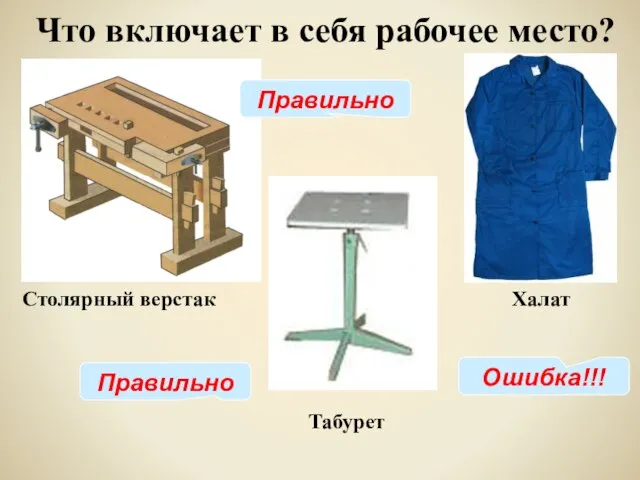 Что включает в себя рабочее место? Столярный верстак Табурет Халат Правильно Правильно Ошибка!!!