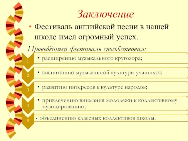 Заключение Фестиваль английской песни в нашей школе имел огромный успех. Проведённый фестиваль способствовал: