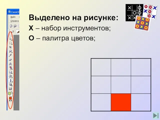 Выделено на рисунке: Х – набор инструментов; О – палитра цветов;