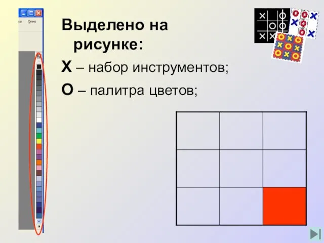 Выделено на рисунке: Х – набор инструментов; О – палитра цветов;