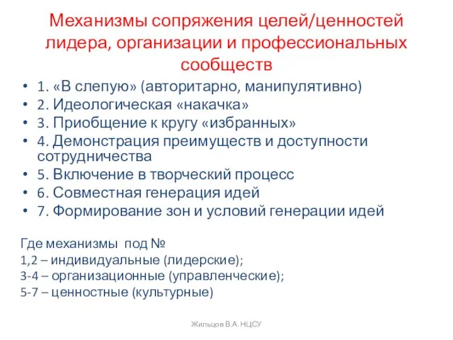 Механизмы сопряжения целей/ценностей лидера, организации и профессиональных сообществ 1. «В слепую»