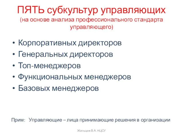 ПЯТЬ субкультур управляющих (на основе анализа профессионального стандарта управляющего) Корпоративных директоров