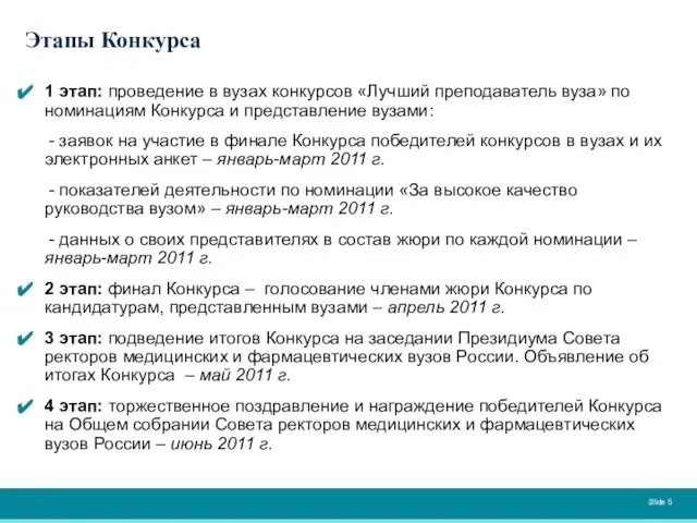 Этапы Конкурса 1 этап: проведение в вузах конкурсов «Лучший преподаватель вуза»