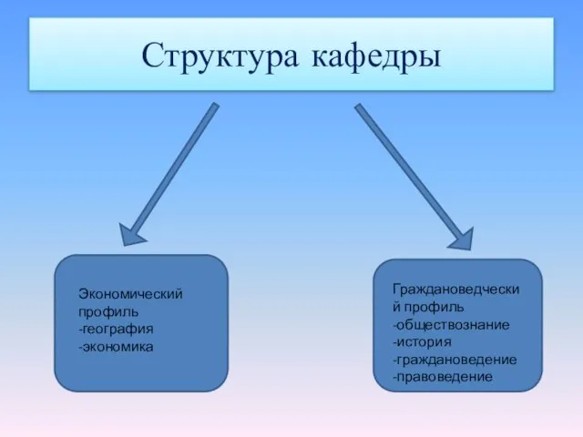 Структура кафедры Экономический профиль -география -экономика Граждановедческий профиль -обществознание -история -граждановедение -правоведение