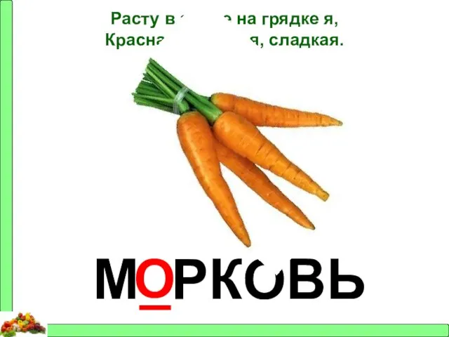 Расту в земле на грядке я, Красная, длинная, сладкая.