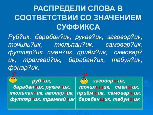 РАСПРЕДЕЛИ СЛОВА В СООТВЕТСТВИИ СО ЗНАЧЕНИЕМ СУФФИКСА Руб?ик, барабан?ик, рукав?ик, заговор?ик,