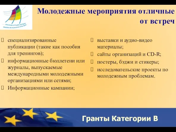 Гранты Категории B Молодежные мероприятия отличные от встреч специализированные публикации (такие