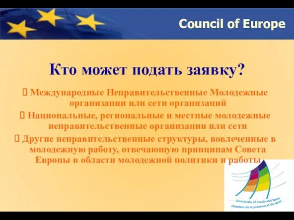 Кто может подать заявку? Международные Неправительственные Молодежные организации или сети организаций