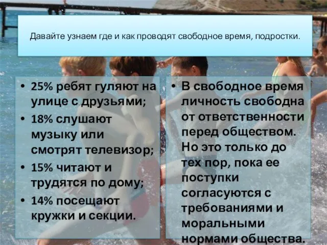 Давайте узнаем где и как проводят свободное время, подростки. 25% ребят