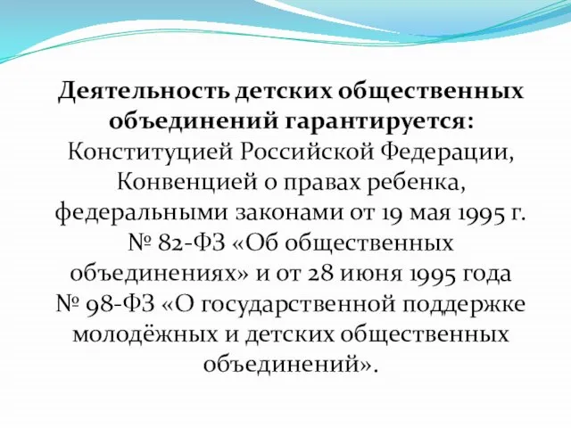 Деятельность детских общественных объединений гарантируется: Конституцией Российской Федерации, Конвенцией о правах