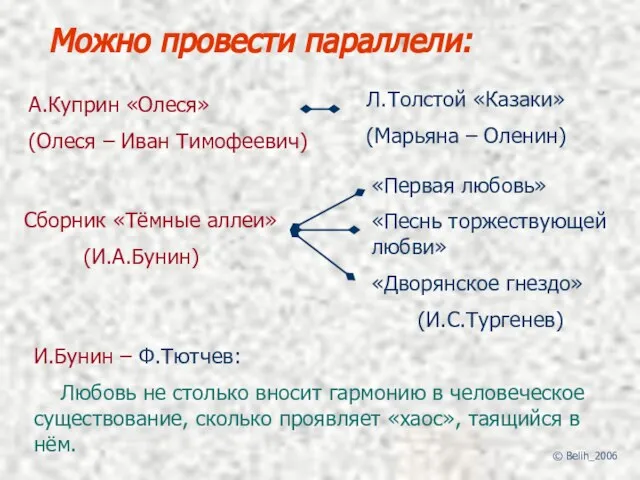 А.Куприн «Олеся» (Олеся – Иван Тимофеевич) Л.Толстой «Казаки» (Марьяна – Оленин)