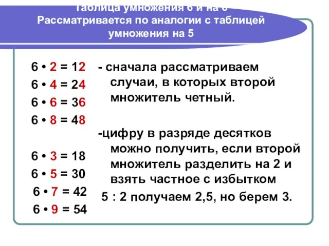 Таблица умножения 6 и на 6 Рассматривается по аналогии с таблицей