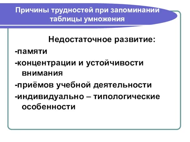 Причины трудностей при запоминании таблицы умножения Недостаточное развитие: -памяти -концентрации и