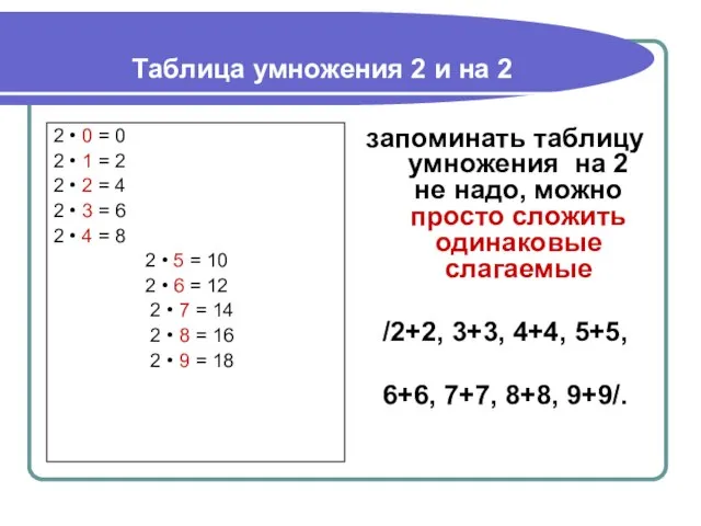 Таблица умножения 2 и на 2 2 • 0 = 0